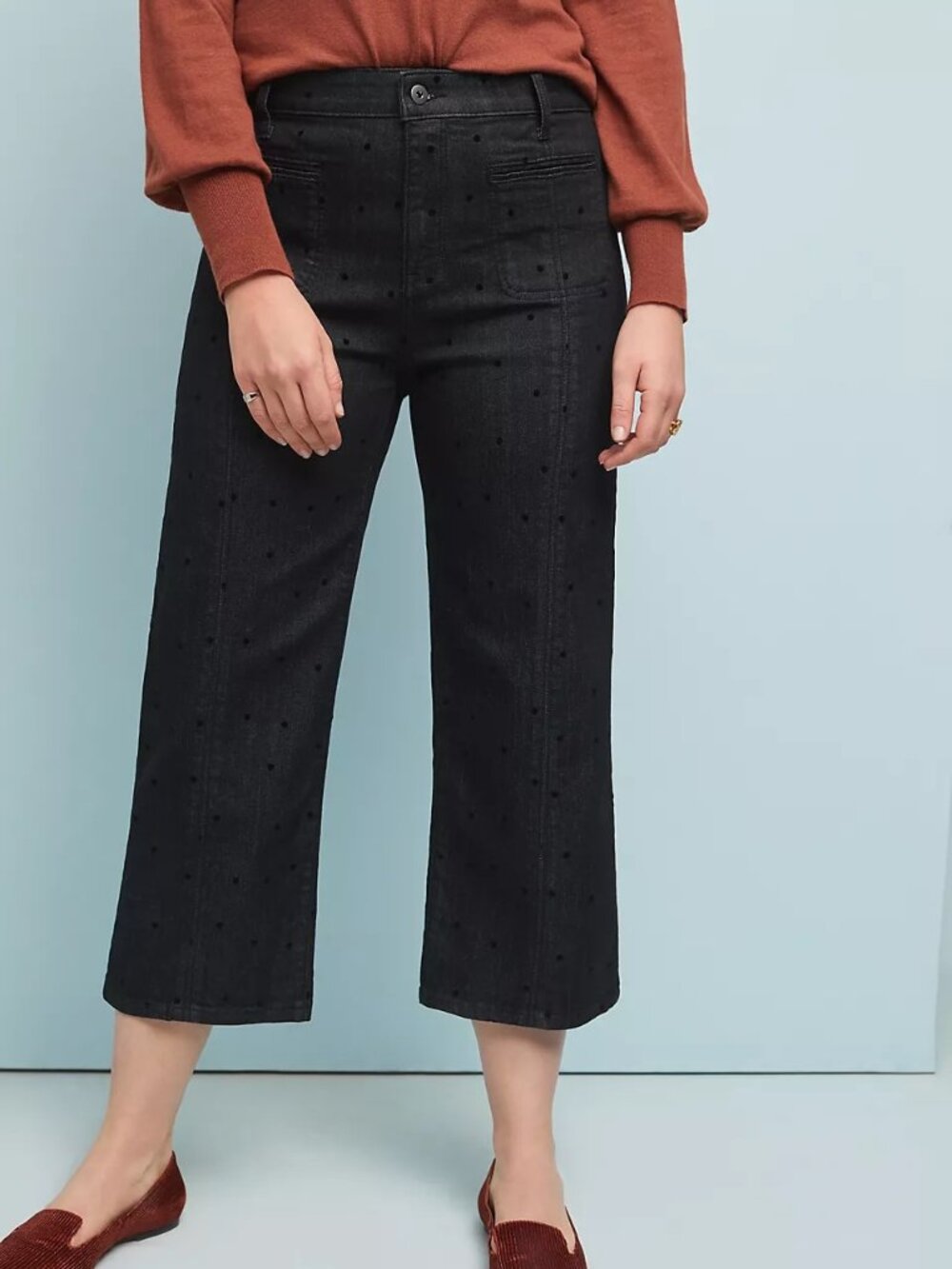 Anthropologie Pilcro High-Rise Cropped Wide-Leg Jeans Black w/ Black Dots sz 33